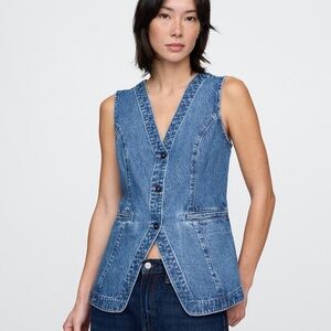 GAP Longline Denim Vest Medium Wash V-Neck No Stretch Cotton Size L